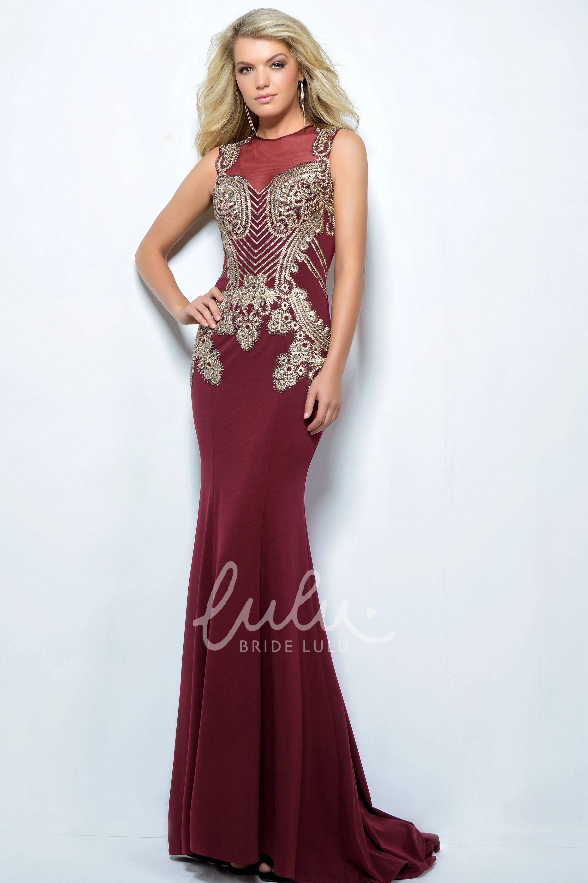 Jersey Sleeveless Jewel-Neck Sheath Prom Dress with Beading