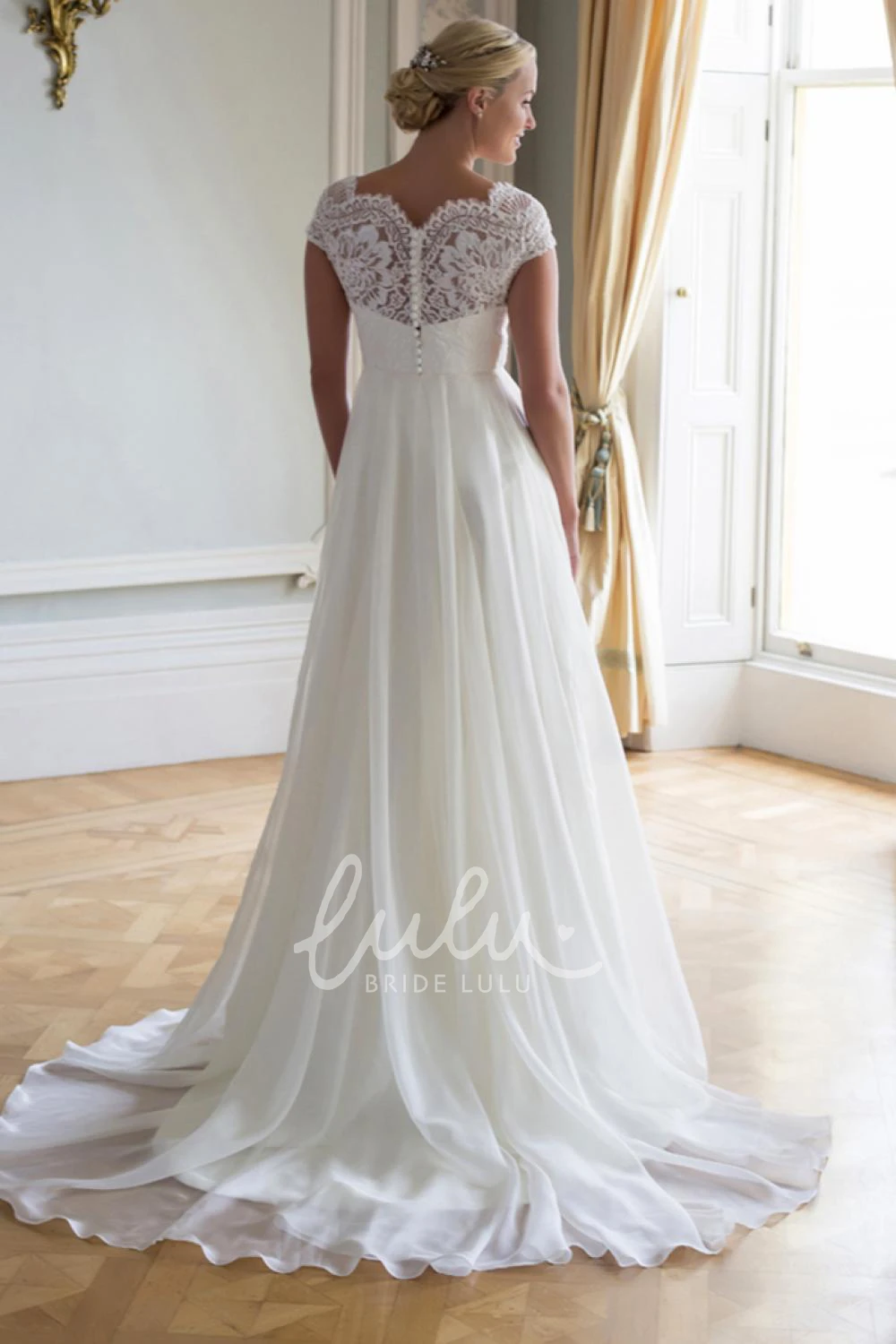 Lace & Chiffon Cap-Sleeve Wedding Dress A-Line V-Neck Floor-Length