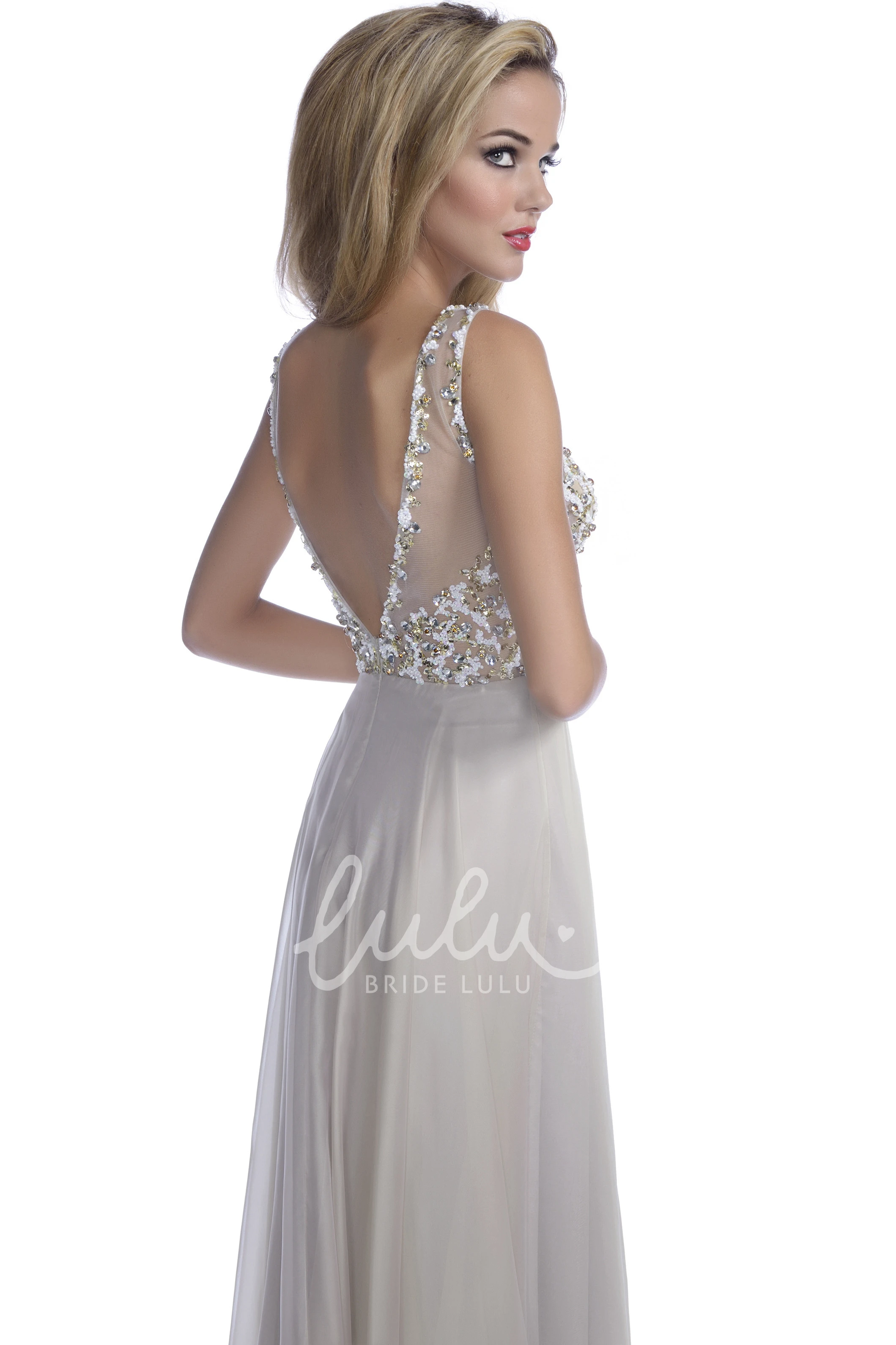 Chiffon Sleeveless Prom Dress with Sequined Bodice Long A-Line Style