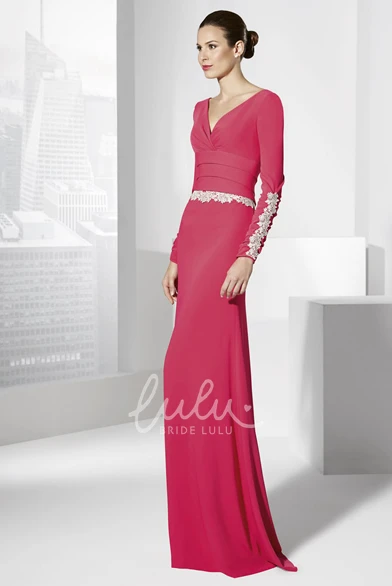 Long Sleeve Jersey Prom Dress Sheath V-Neck Floor-Length