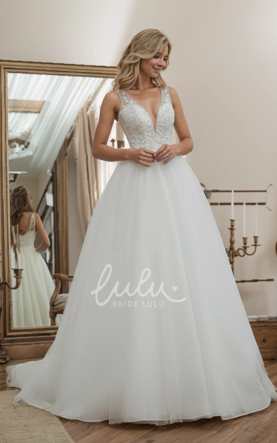 Floral Elopement A-Line Boho Lace V-Neck Beach Wedding Dress Modern Elegant Appliques Sequins Beading Corset Back Floor Length Ball-Gown Bridal Dress