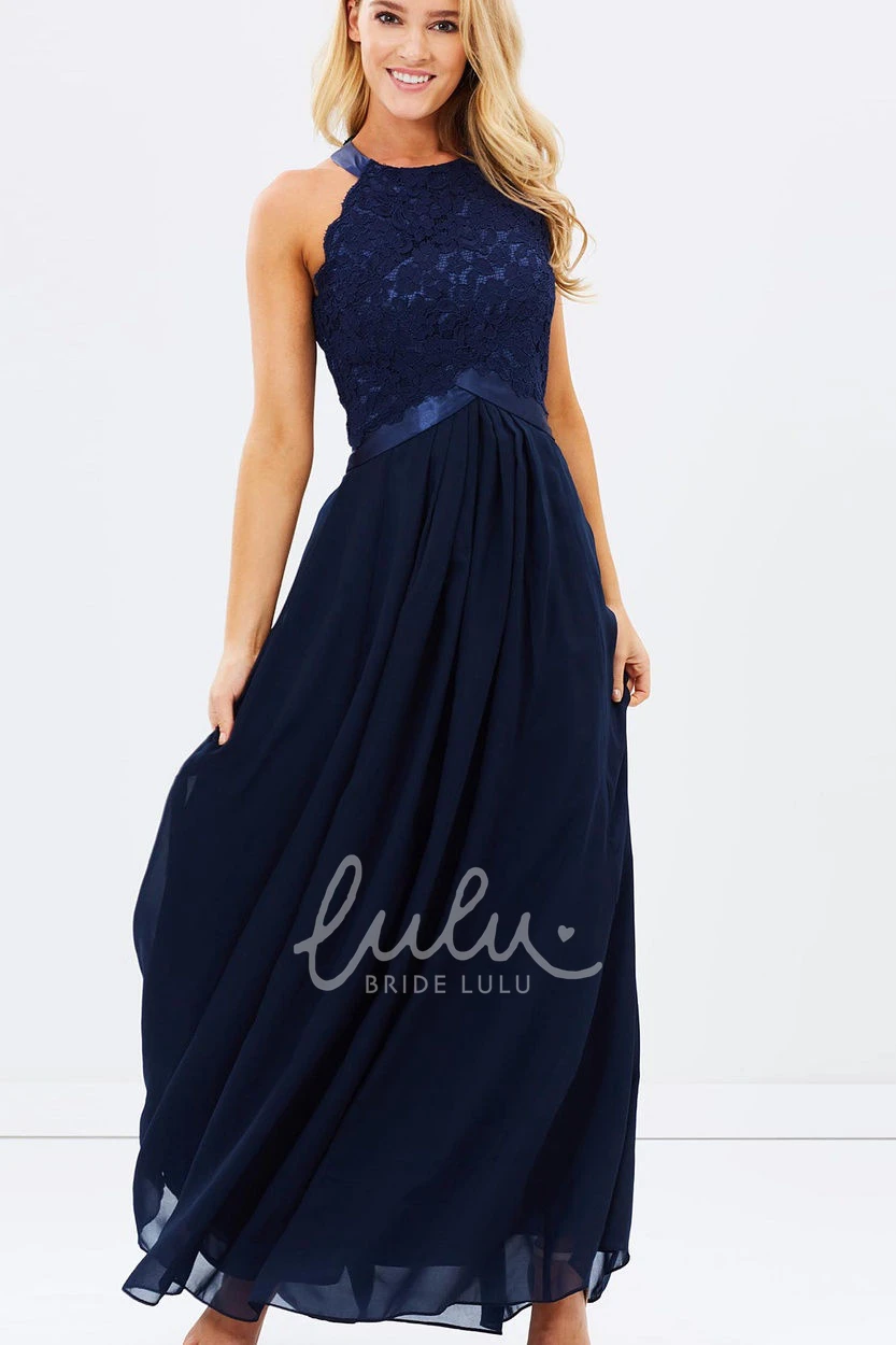 Appliqued Sleeveless A-Line Bridesmaid Dress with Ankle-Length and Zipper Back Flowy Bridesmaid Dress