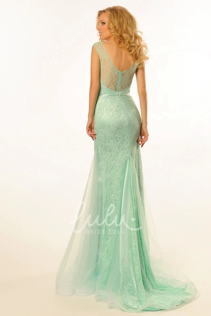 Lace Sleeveless Prom Dress with Brush Train Scoop Neck Ribbon Detail