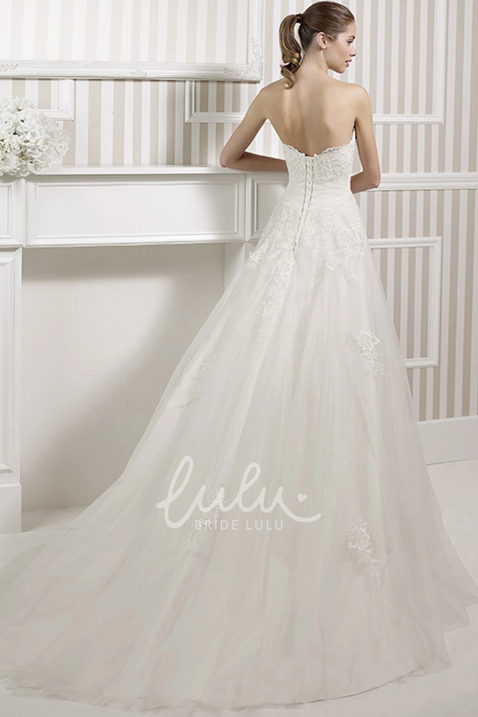 Long Jeweled Tulle Wedding Dress with Lace and Corset Back in A-Line Style