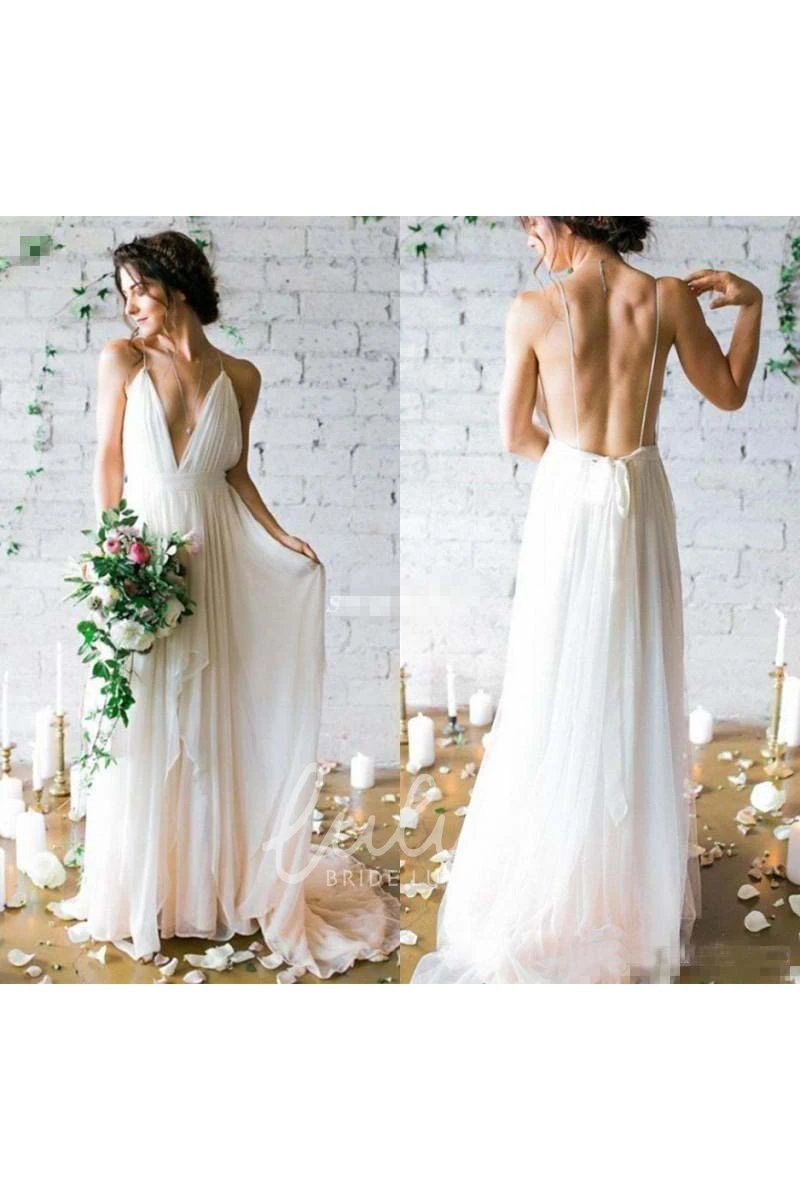 Chiffon Spaghetti Strap Open Back Wedding Dress A Line Style