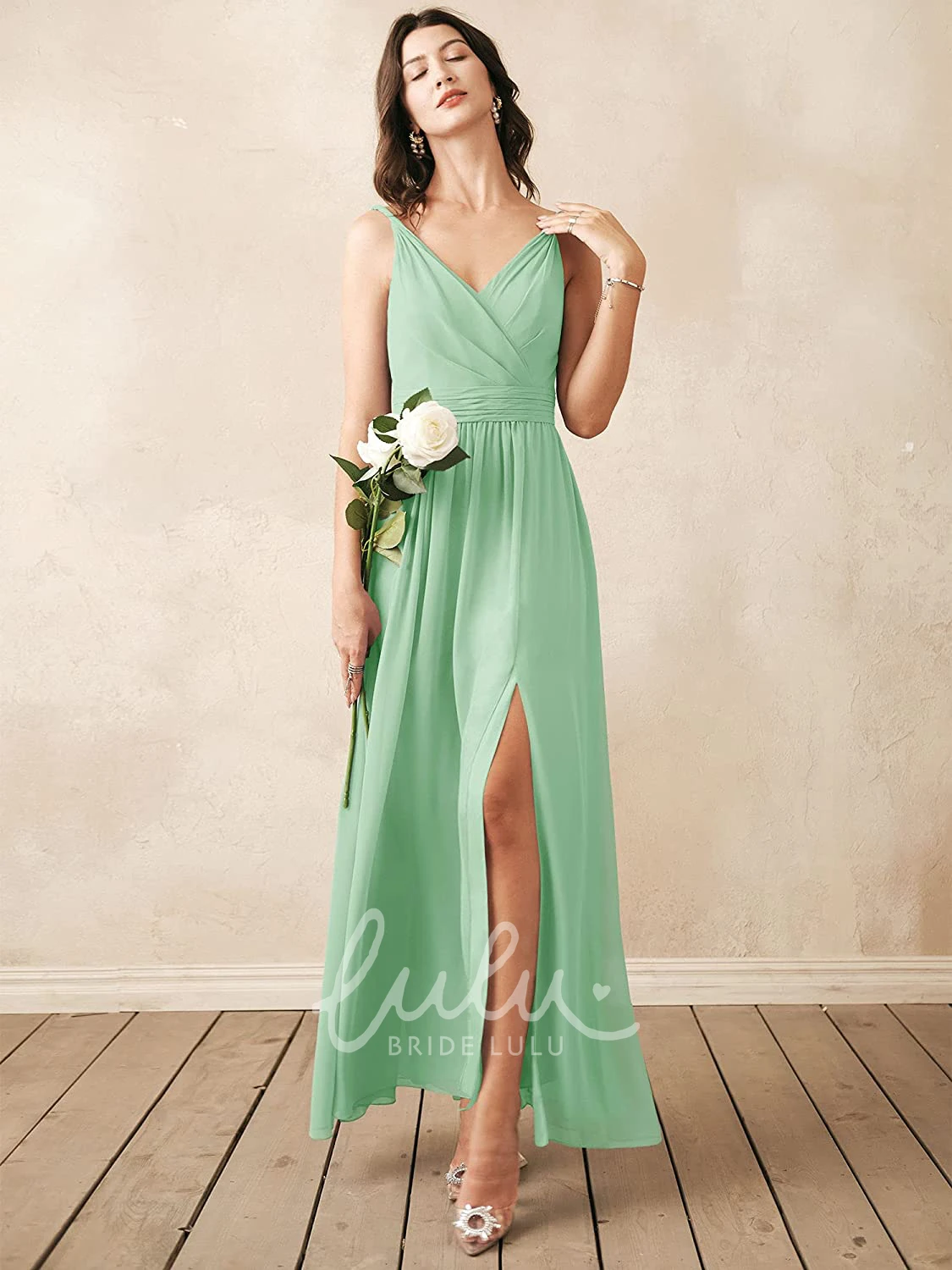 Sleeveless V-neck Chiffon A-line Bridesmaid Dress with Ruching Elegant
