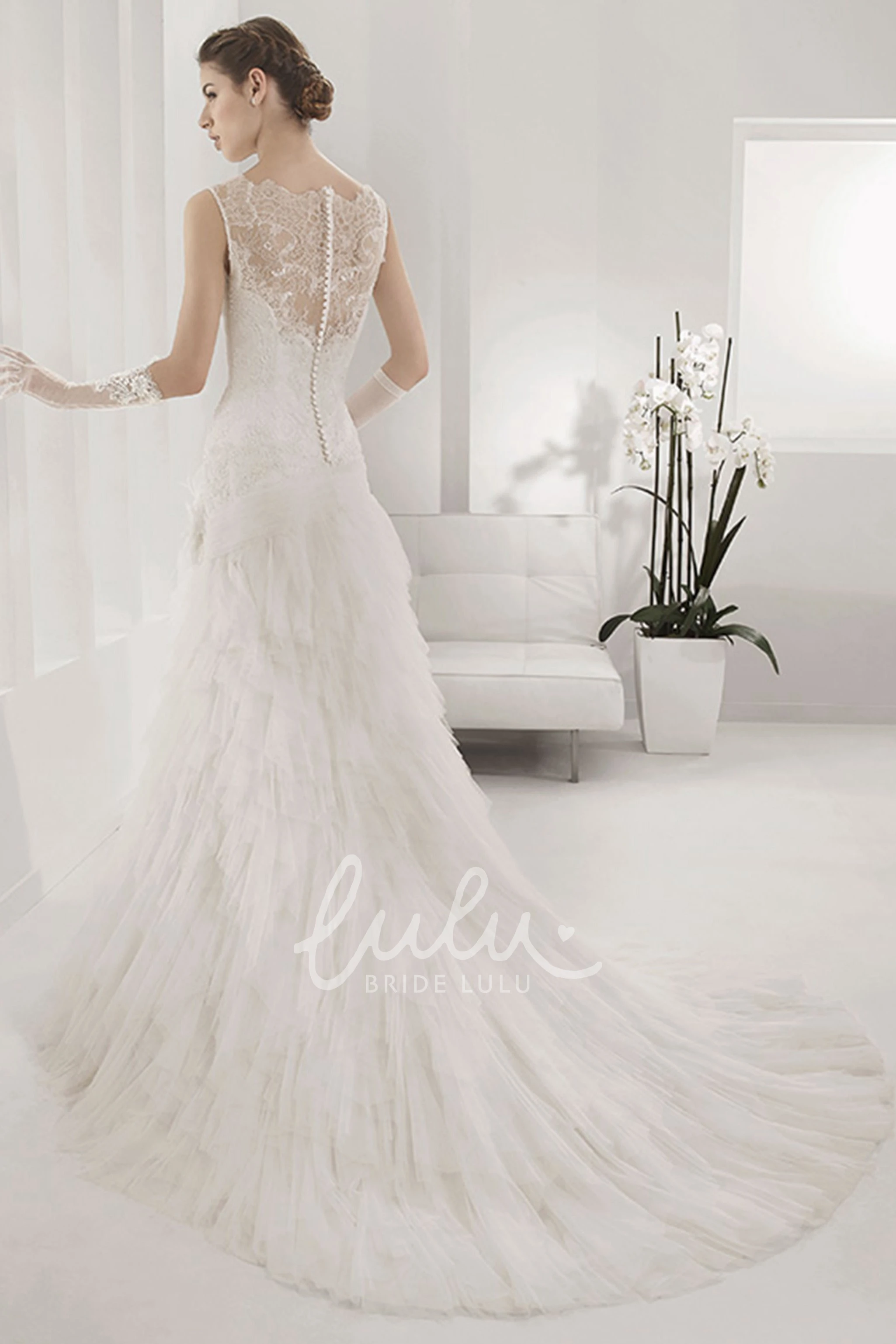 Mermaid Tulle Ball Gown with Lace Illusion Back and Tiered Skirt Stunning Wedding Dress
