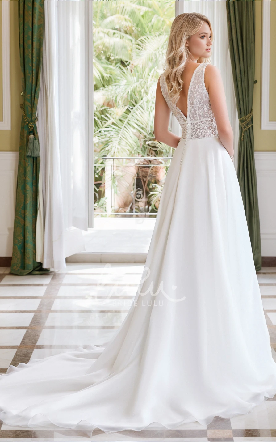Sexy Ethereal A-Line V-neck Floor-length Chiffon Lace Wedding Dress Vintage Elegant Sleeveless Appliques Button Zipper Deep-V Back Bridal Gown with Train