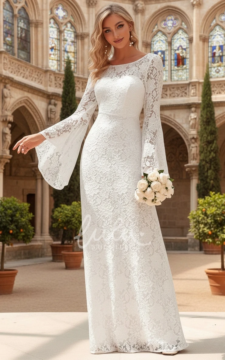 Romantic Floral Boho Lace Bell Sleeve Lace Winter Wedding Dress Elegant Sheath Column Bateau Neckline Long Maxi Courthouse Reception Bridal Gown