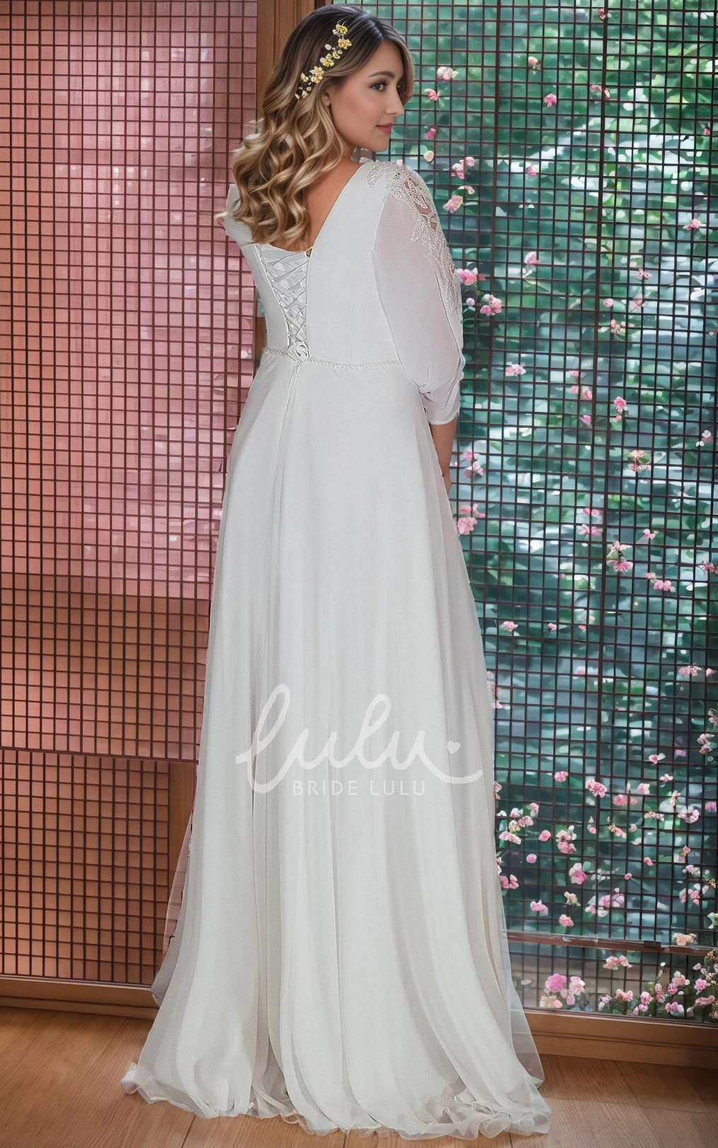 Stunning Plus Size Long Sleeve A-Line White Wedding Dress Sexy Floor-Length Plunging Neckline Gown with Tied Back