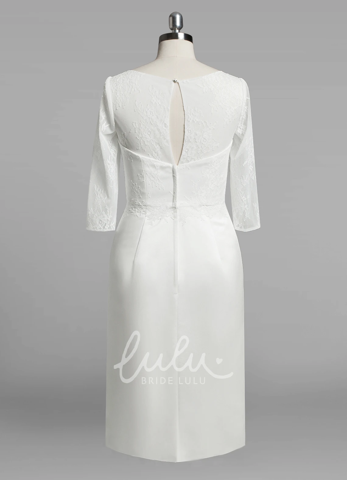 Satin Sheath Wedding Dress with Lace Bodice and 3/4 Sleeves