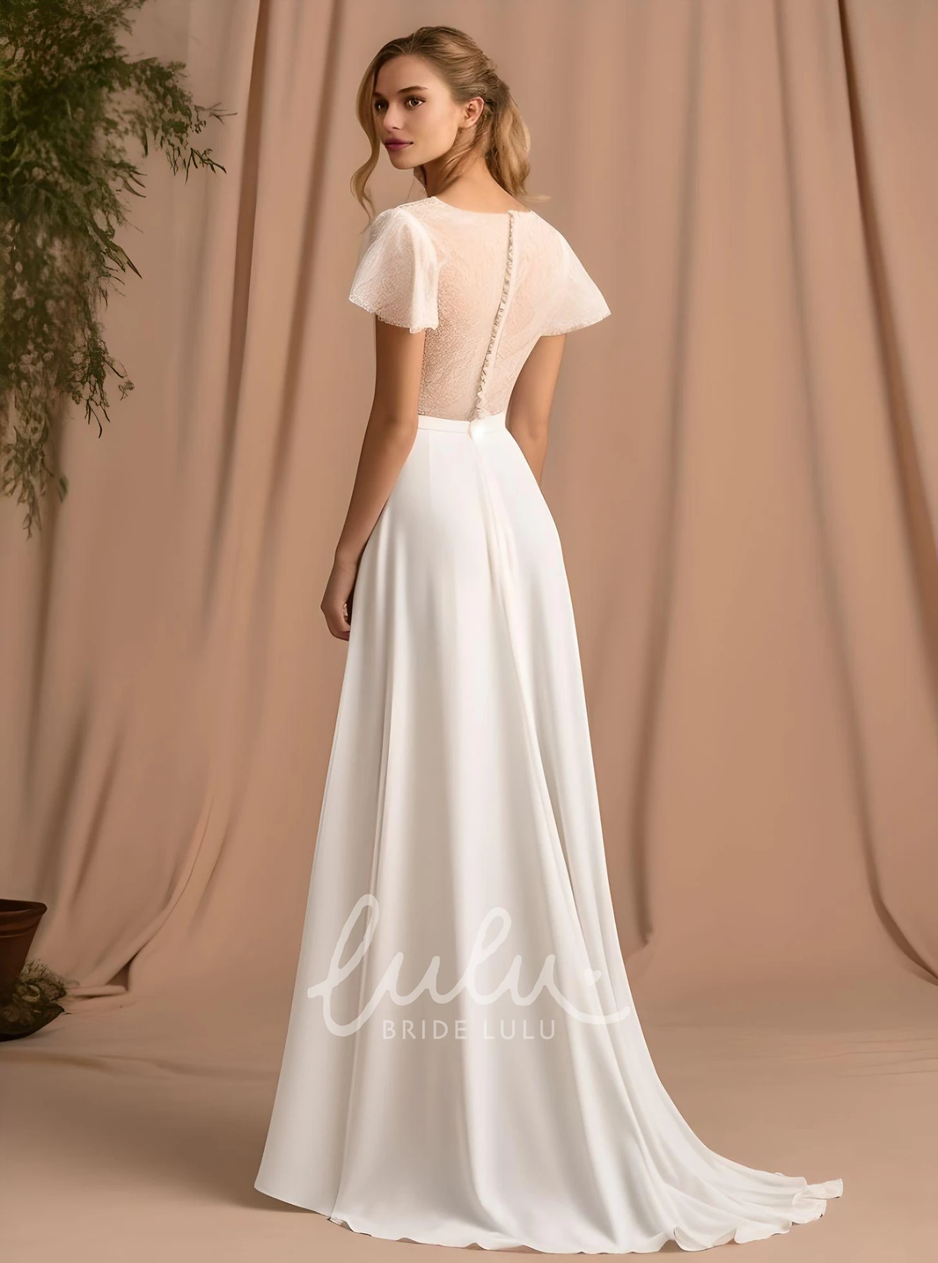 A-Line Satin V-neck Short Sleeve Wedding Dress Elegant Beach Court Unique