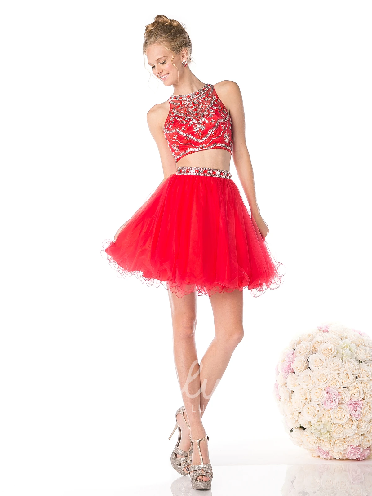 Short Sleeveless Tulle Illusion A-Line Formal Dress with Ruffles and Beading