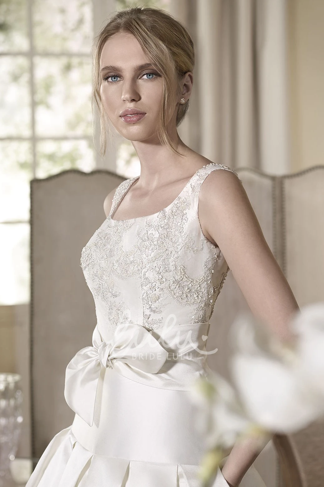 Appliqued Satin Wedding Dress with Bow Sleeveless Ball Gown