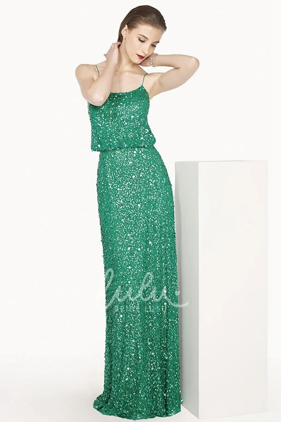 Spaghetti Strap Sequin Sheath Prom Dress with Scoop Neckline Long