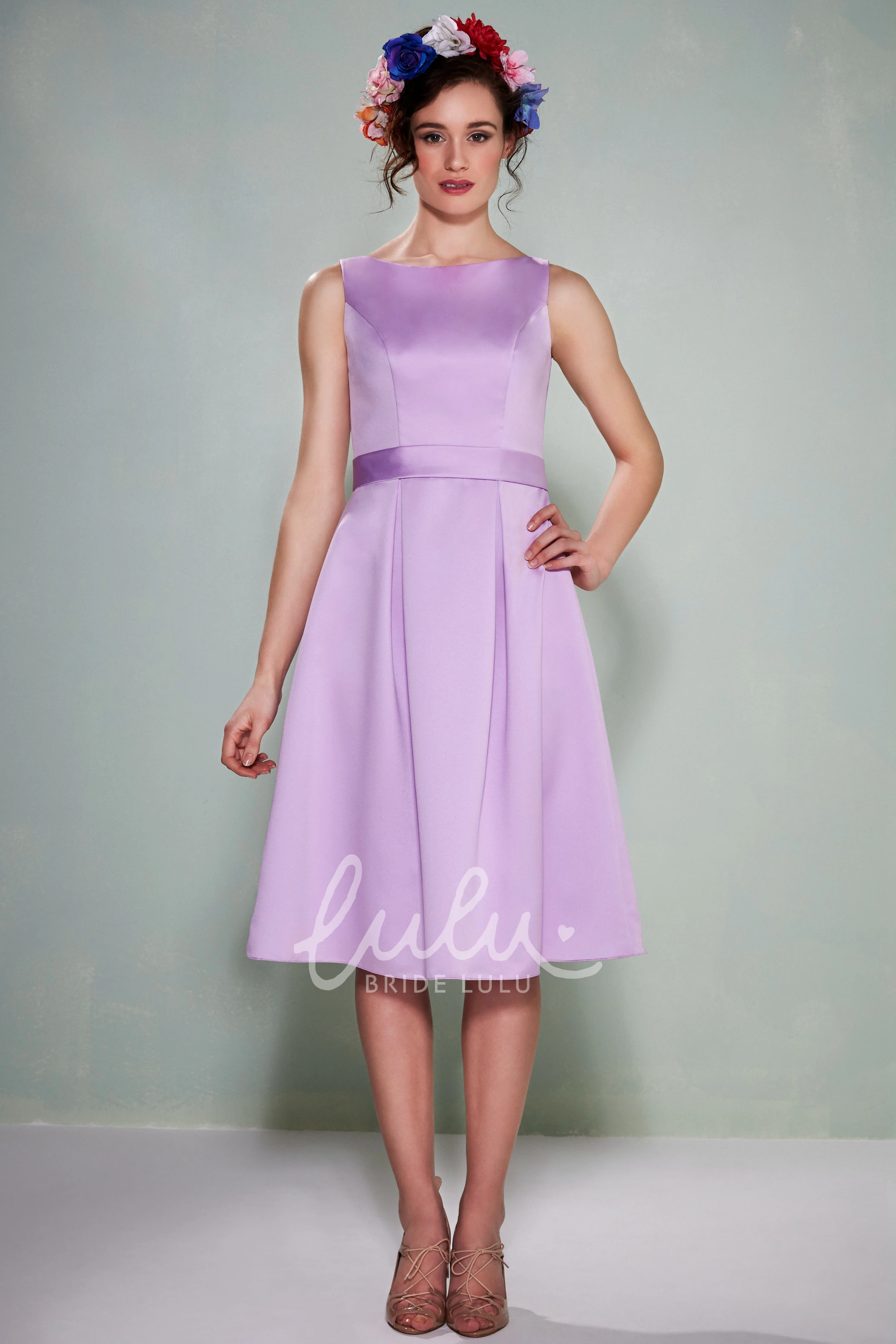 Satin Bridesmaid Dress with Sleeveless Bateau Neck Tea-Length Dress