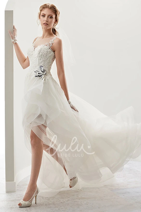 High-Low Bridal Gown with Cap Sleeves Flower Embellishment and Ruffles