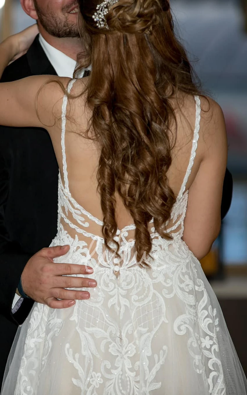 Vintage A-Line Tulle Wedding Dress with V-Neck and Chapel Train Elegant Wedding Dress