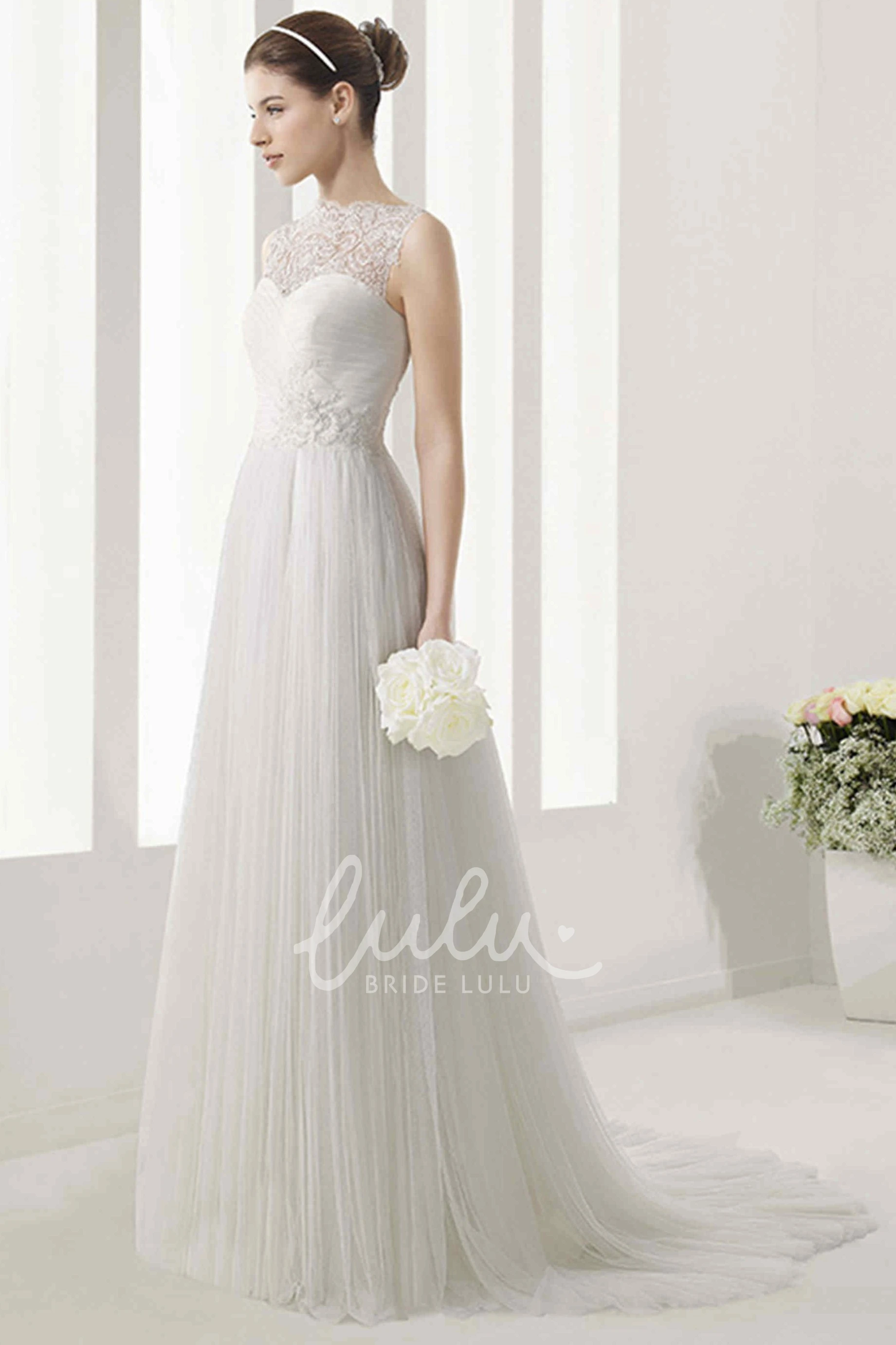 Lace Bodice Tulle Wedding Dress with High Neckline Elegant Bridal Gown