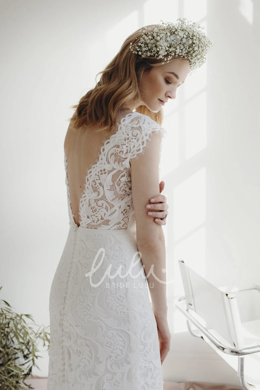 Lace Sheath Deep V-neck Wedding Dress with Cap Sleeves and Court Train