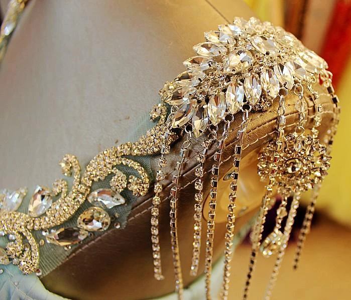 A-Line Backless Blue Prom Dress with Crystal Beading and Blingbling Details