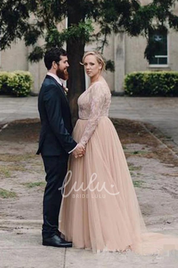 Lace and Tulle A-Line Wedding Dress with V-Neckline Open Back and Zipper Closure