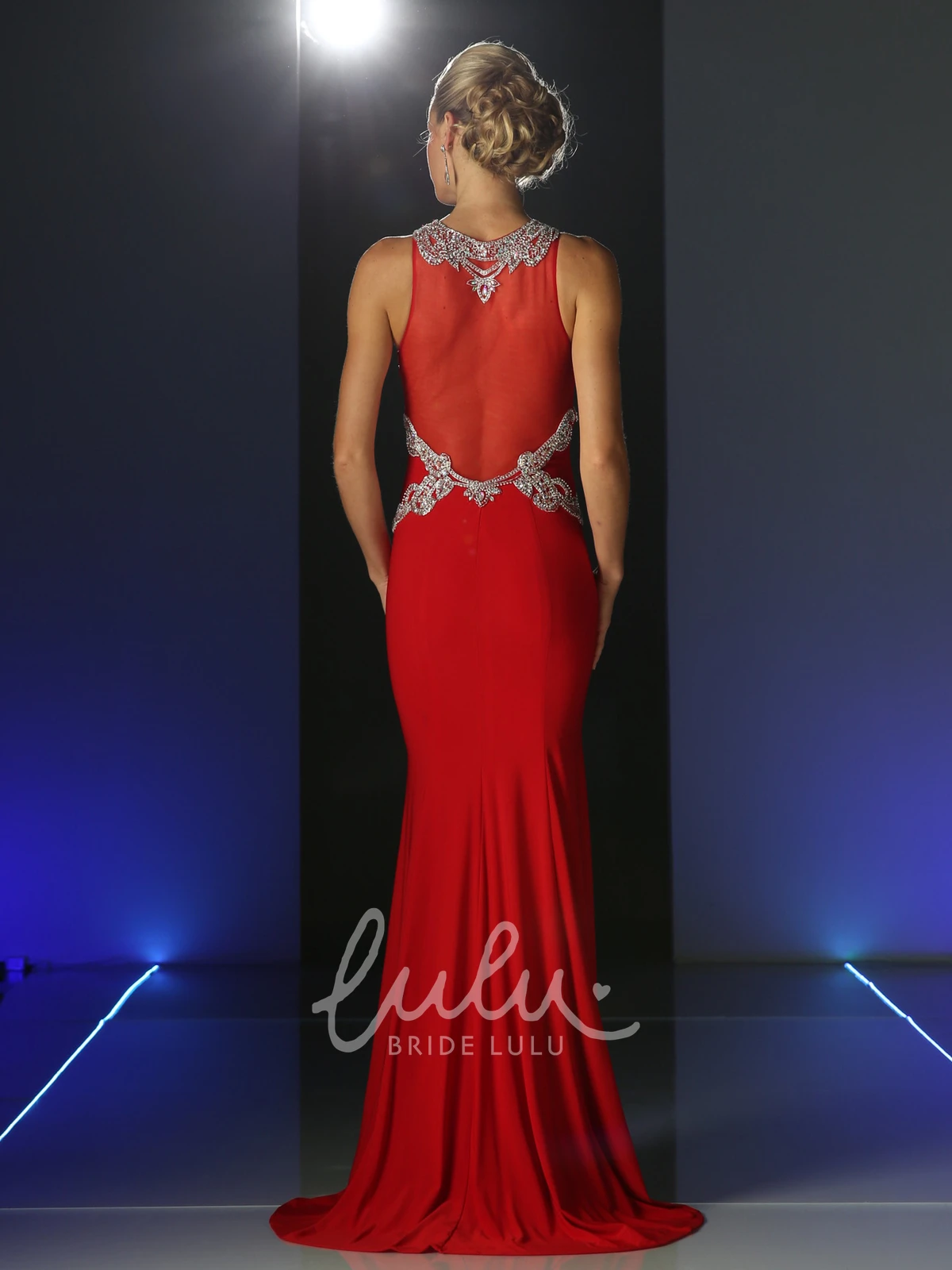 Jewel-Neck Sleeveless Jersey Elegant Dress With Beading and Illusion