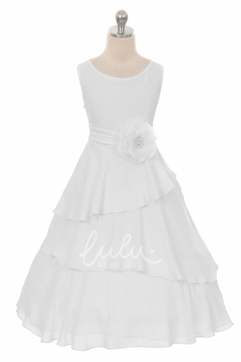 Ruched Chiffon Flower Girl Dress Tea-Length with Floral Print and Sash