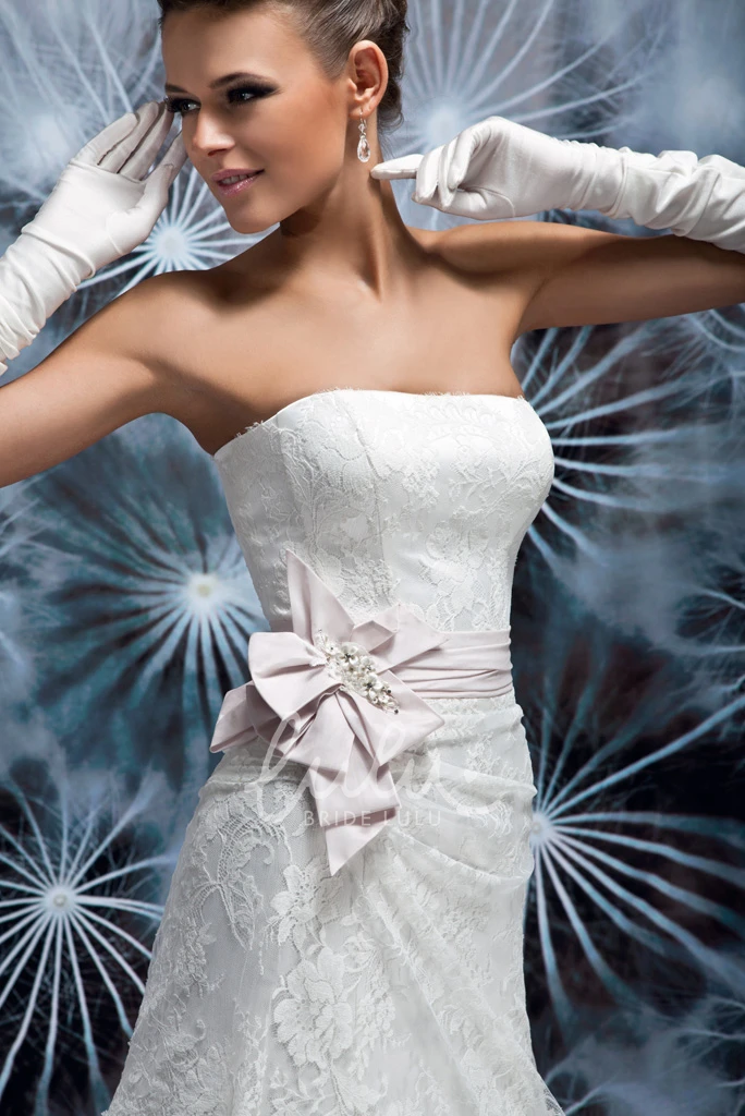 Strapless Lace Satin Wedding Dress with Ruching A-Line Maxi Style