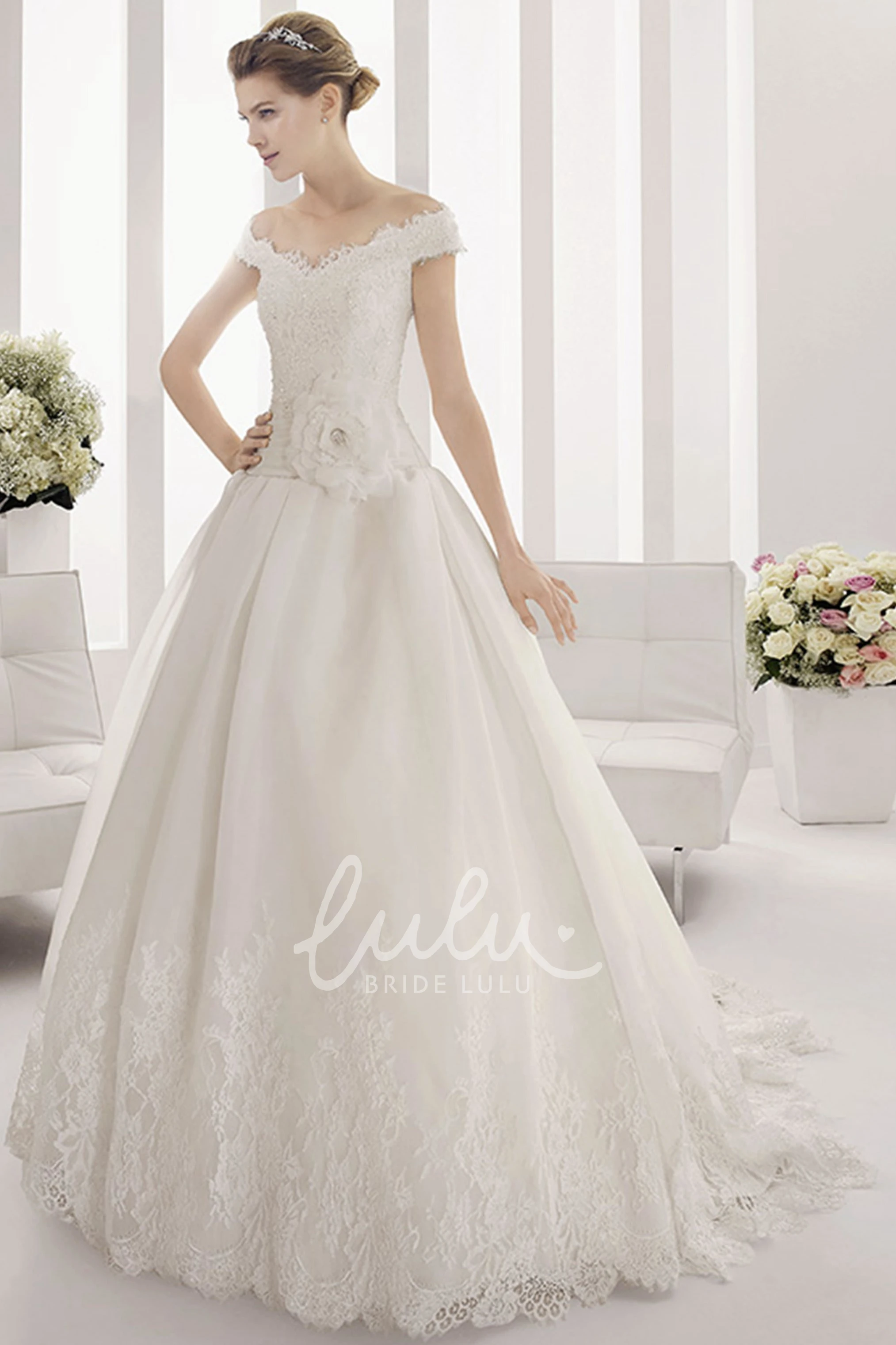 Tulle Ball Gown with Off Shoulder Scalloped Lace Neckline