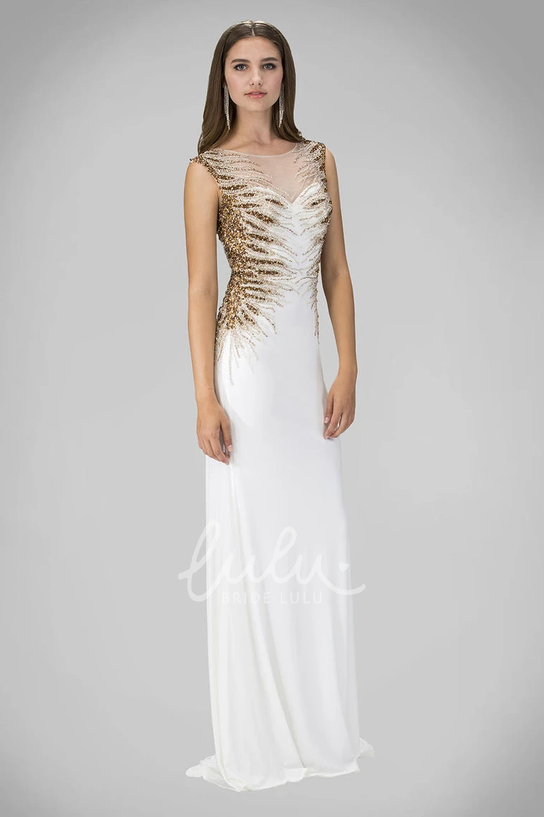 Maxi Keyhole Sheath Jersey Dress with Sequins and Pleats