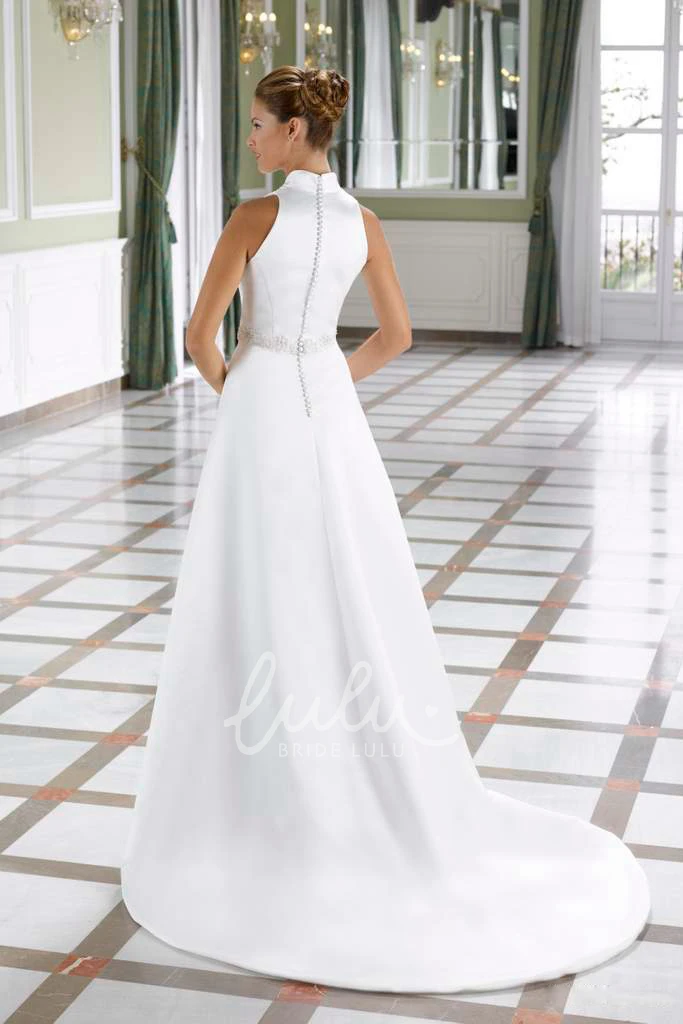 Appliqued A-Line Satin Wedding Dress with V-Neck and Waist Jewellery