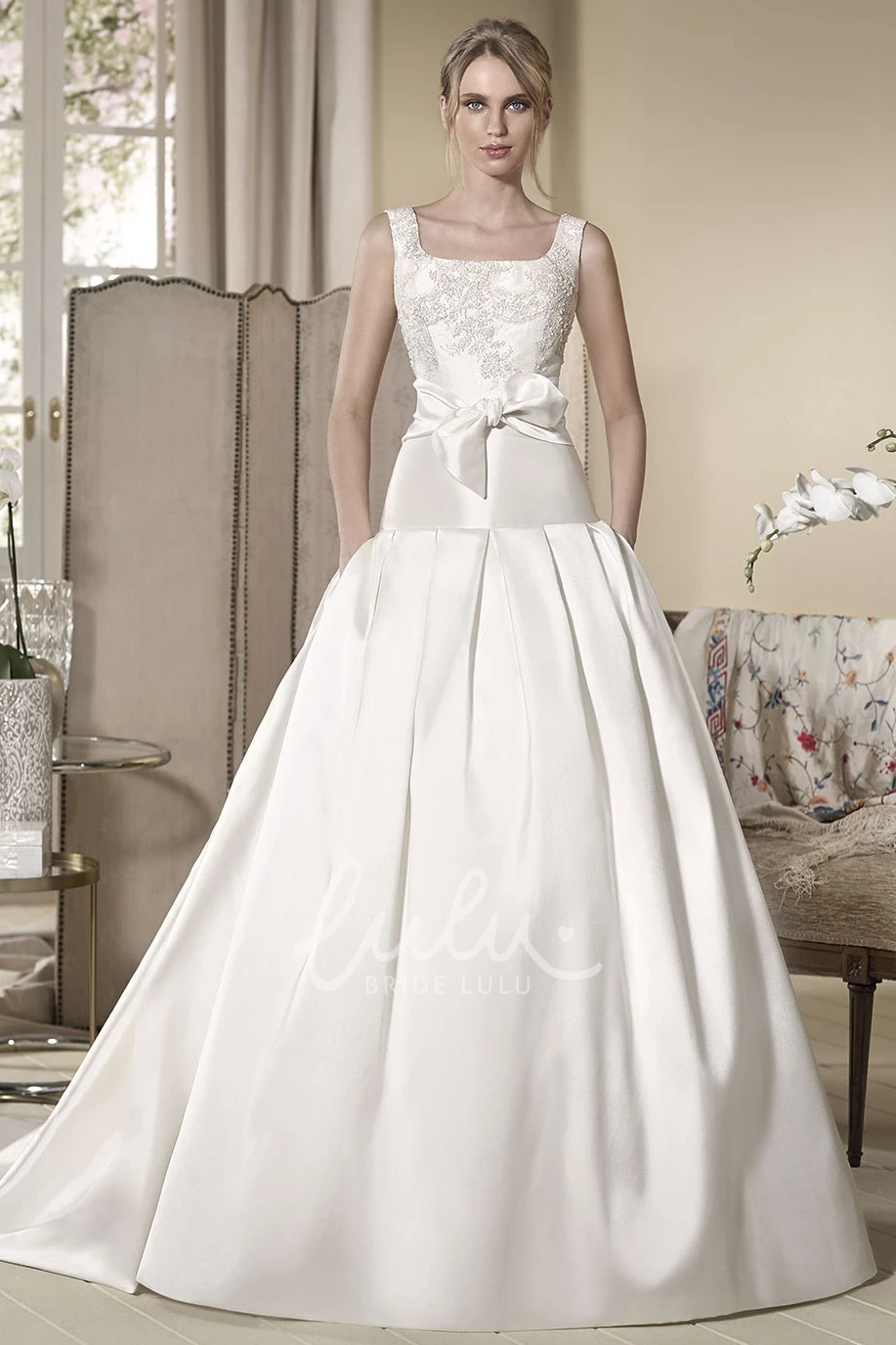 Appliqued Satin Wedding Dress with Bow Sleeveless Ball Gown