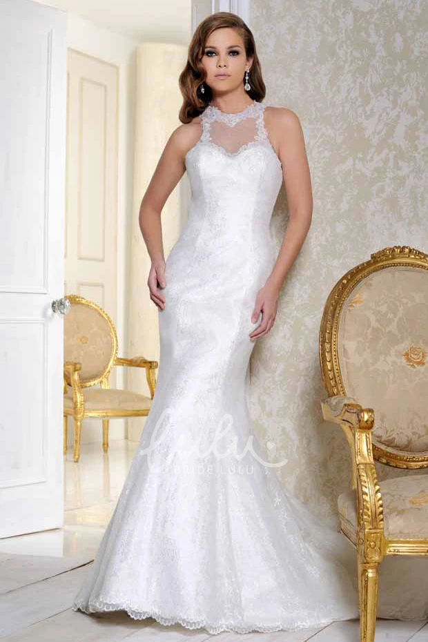 High Neck Satin Wedding Dress with Court Train and Illusion Chic Bridal Gown