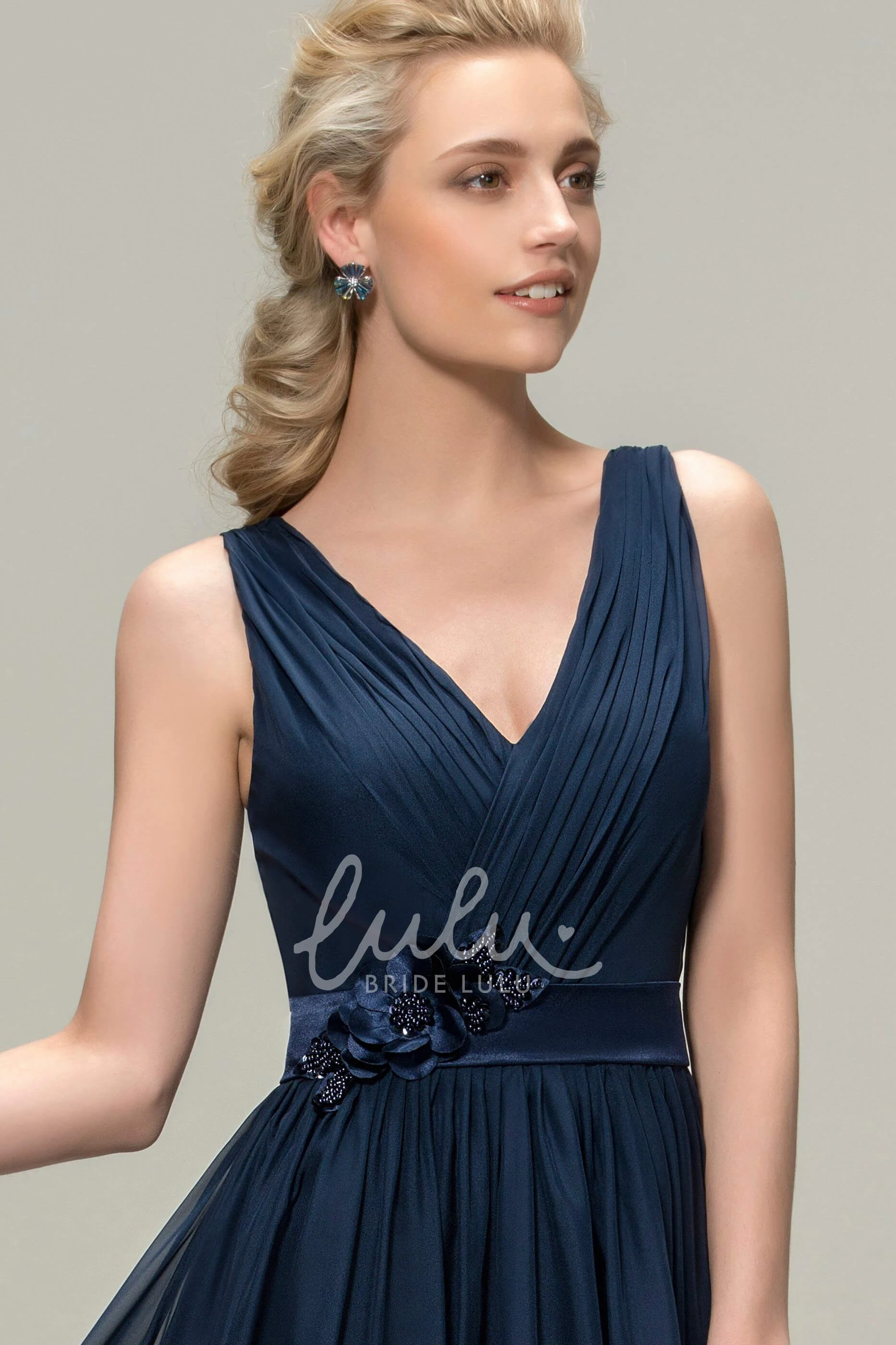 Elegant V-neck Chiffon Dress with Floral Appliques and Sash Bridesmaid Dress