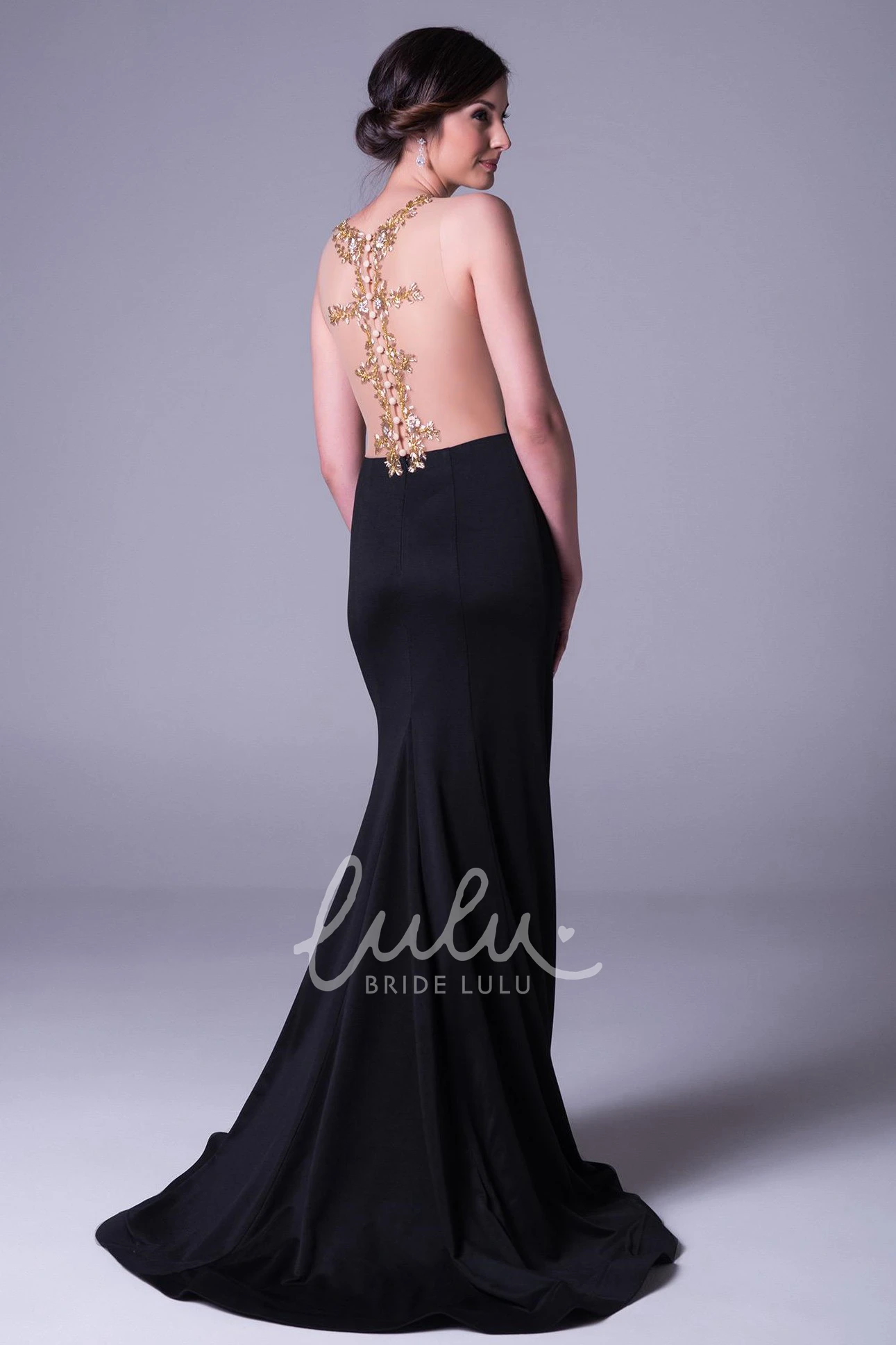 Beaded Chiffon Scoop Prom Dress Long Flowy Sweep Train