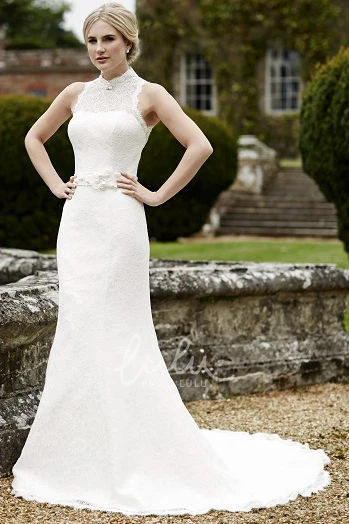 Court Train Floral Lace Wedding Dress with High Neckline