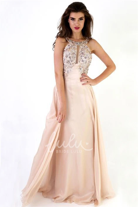 Backless Maxi Sleeveless Chiffon Prom Dress with Beaded Scoop Neck Flowy Prom Dress