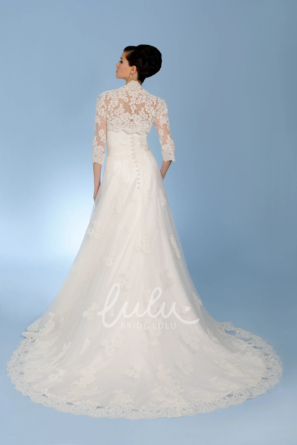 Caped Lace Wedding Dress with Appliques and Flower A-Line Strapless 3-4-Sleeve