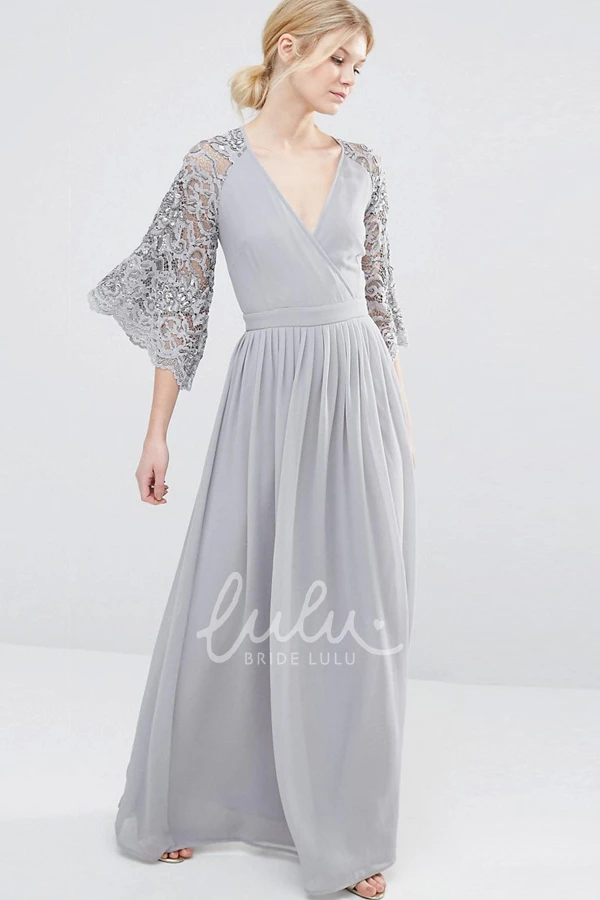 Lace Chiffon Bridesmaid Dress with Pleats V-Neck Bell Sleeve