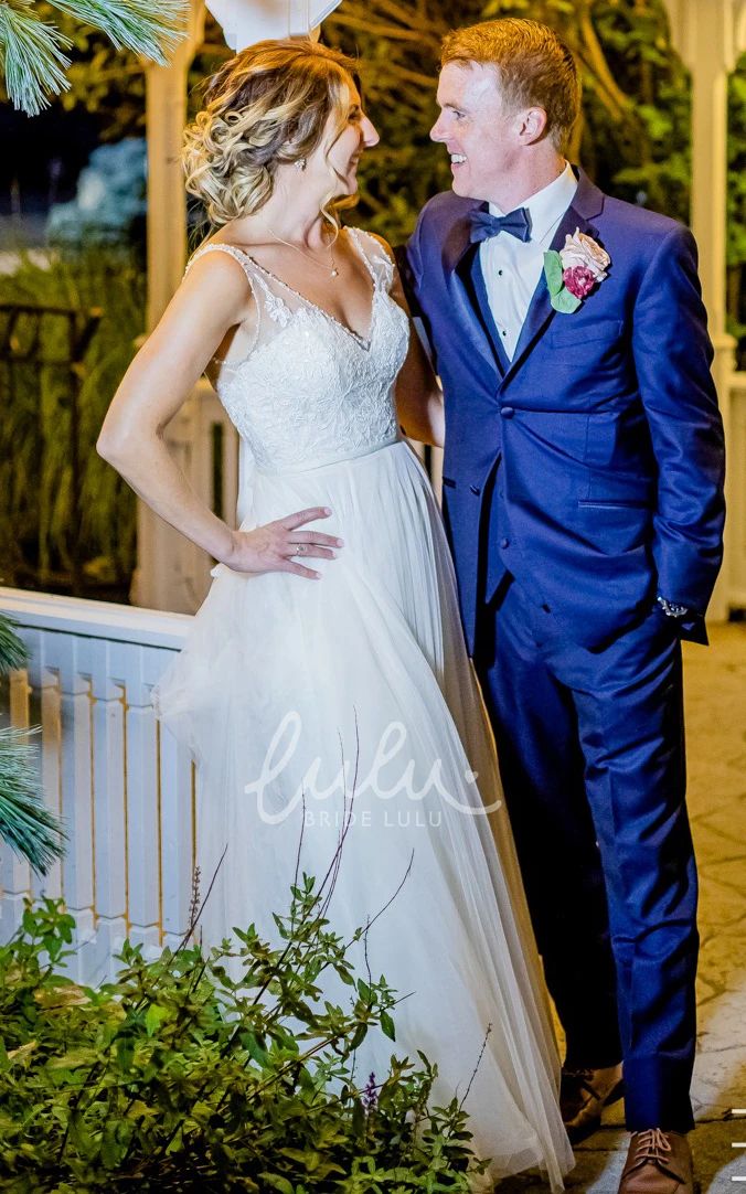 Country A-Line Plunging Neckline Chiffon Spring Wedding Dress With Deep-V Back And Appliques