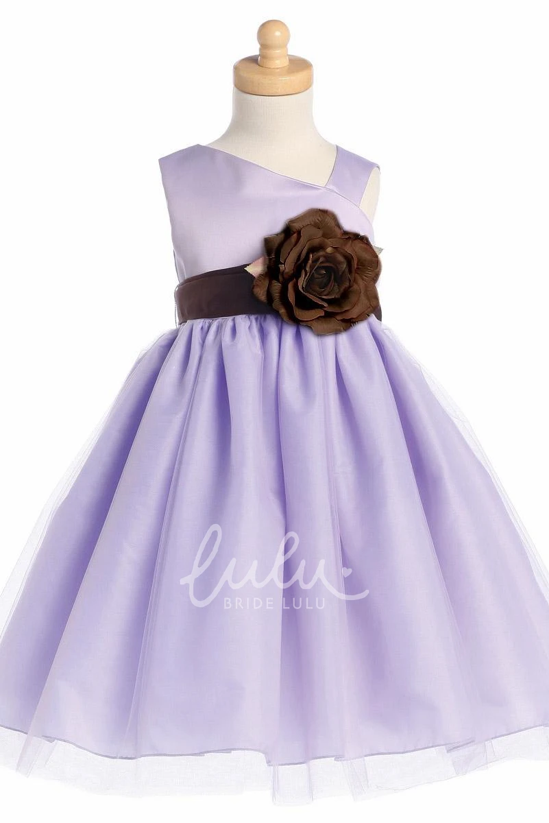 Tiered Floral Tulle&Satin Flower Girl Dress Tea-Length Flowy Elegant