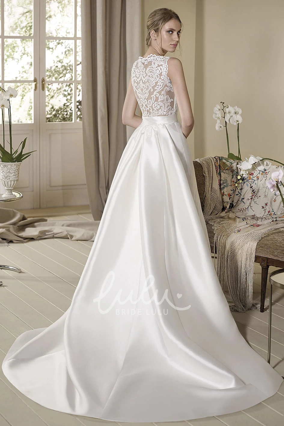 Jewel-Neck Satin A-Line Wedding Dress with Appliqued Floor-Length and Sleeveless Design