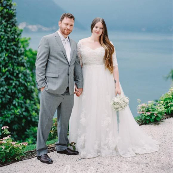 Off-shoulder Lace A-line Wedding Dress with Zipper Closure