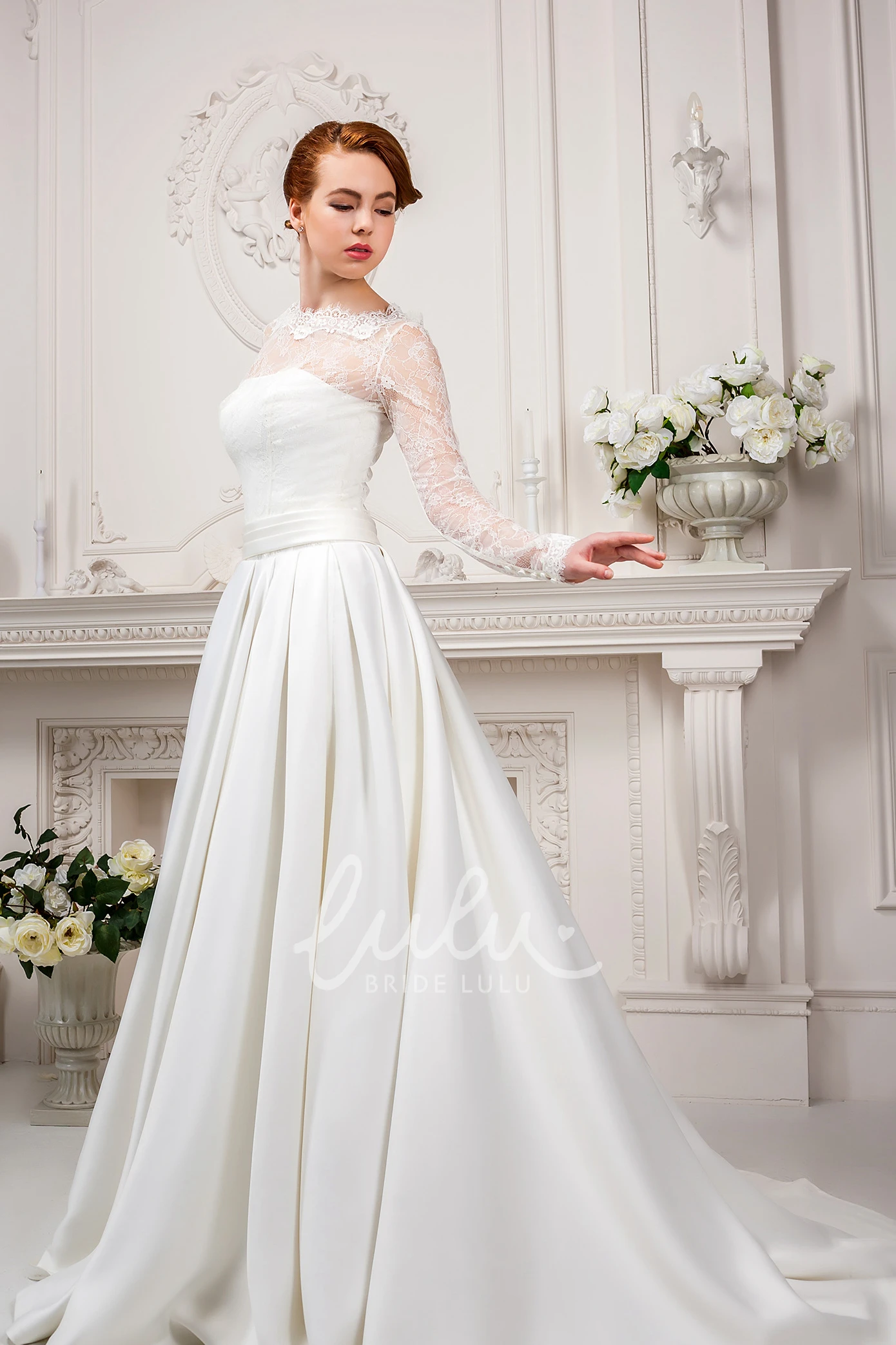 Satin&Lace Long-Sleeve Wedding Dress A-Line High Neck