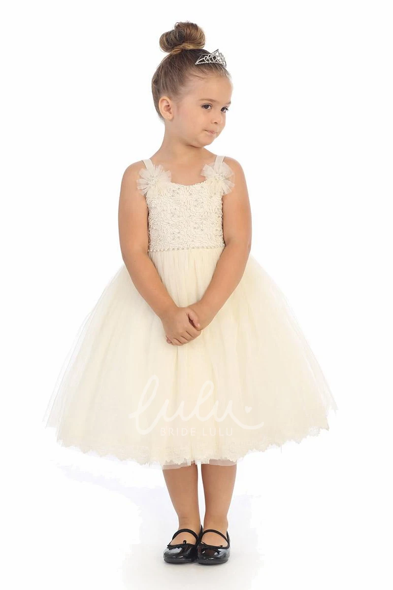 Flower Girl Dress Tea-Length Embroidered Tulle Lace Corset Back