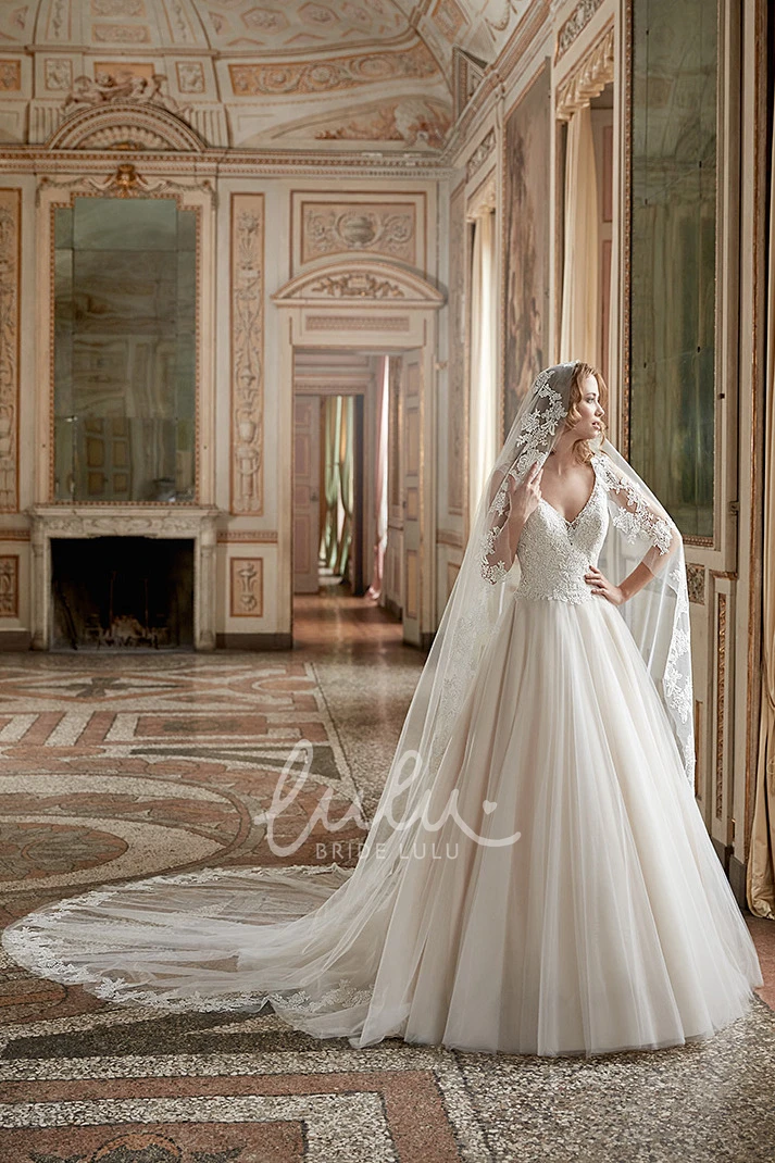 A-Line Tulle Wedding Dress with V-Neck and Appliques