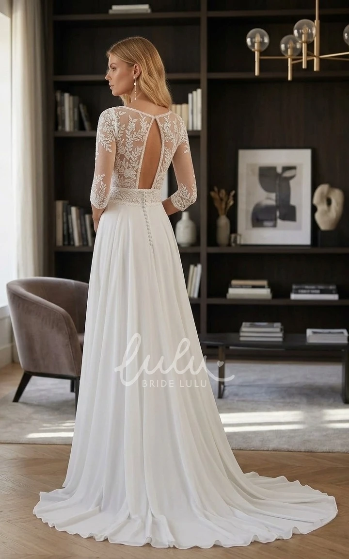 Boho Lace A-Line 3/4 Sleeves Wedding Dress Modern V-Neck Chiffon Bridal Gown with Front Slit