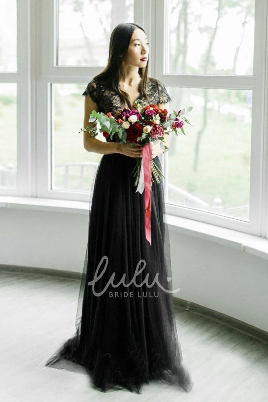 Sexy Black Lace Cap Sleeve Tulle Wedding Dress