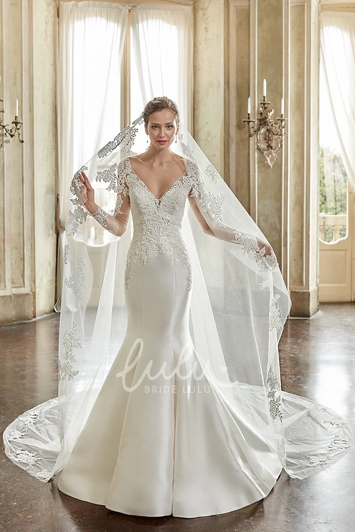 Princess Elegant Mermaid Boho Lace V-Neck Sleeved Wedding Dress Floral Modern Western Backless Sweep Train with Appliques